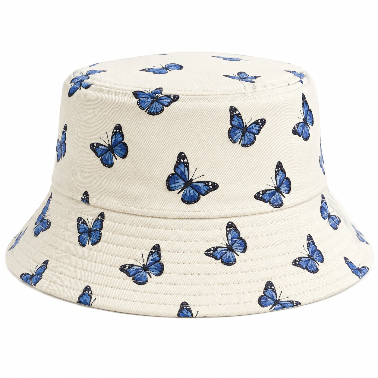 Chapeau bob imprimé papillons bleus sur fond beige