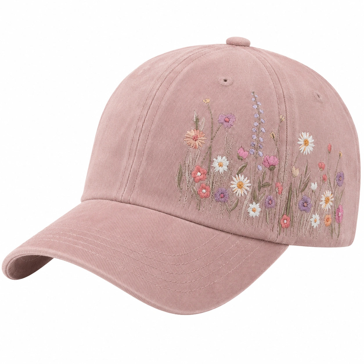 Casquette brodée motifs floraux rose pâle