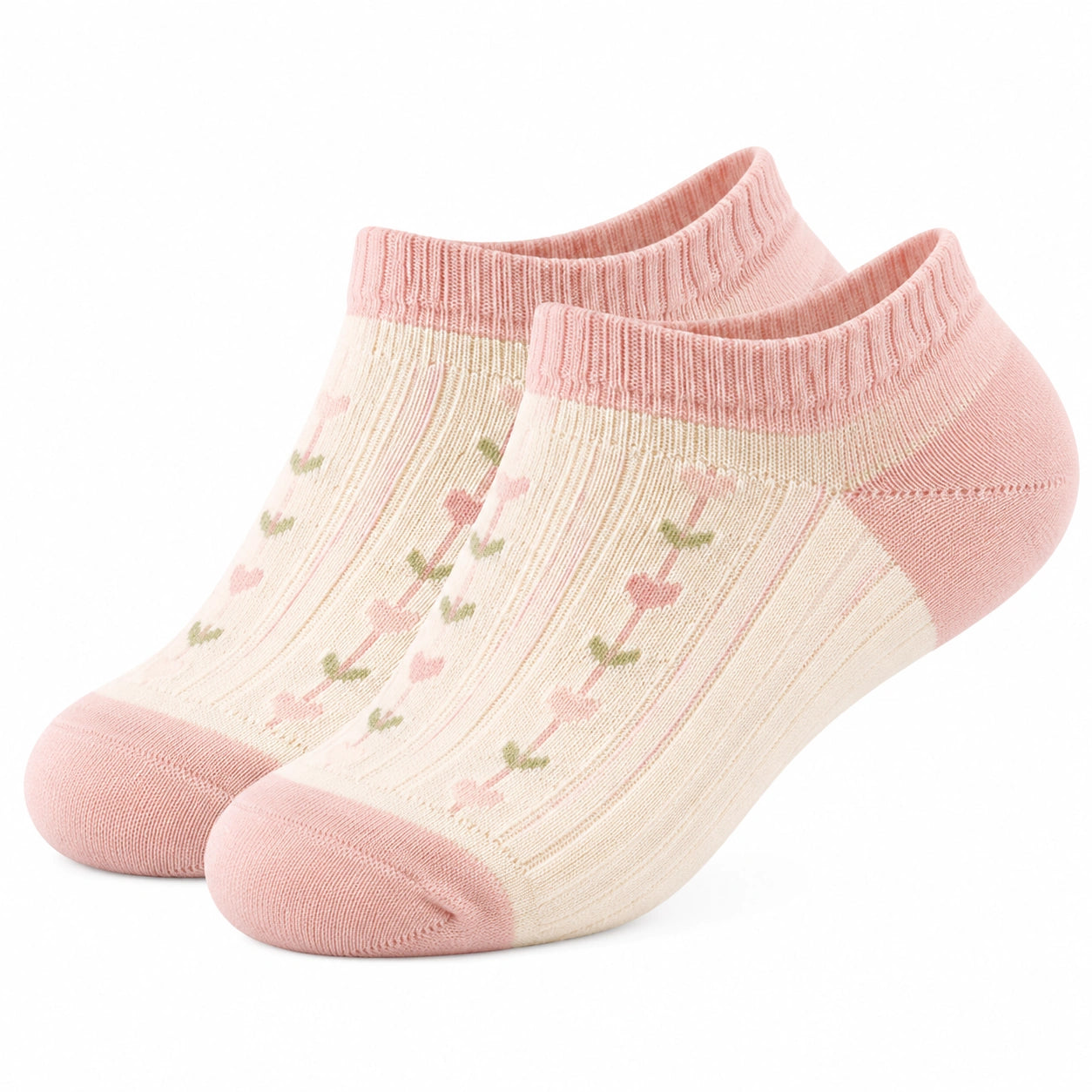 Chaussettes Courtes Motifs Cœurs Rose et Beige