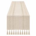 Chemin de Table Beige avec Motifs Géométriques et Pompons