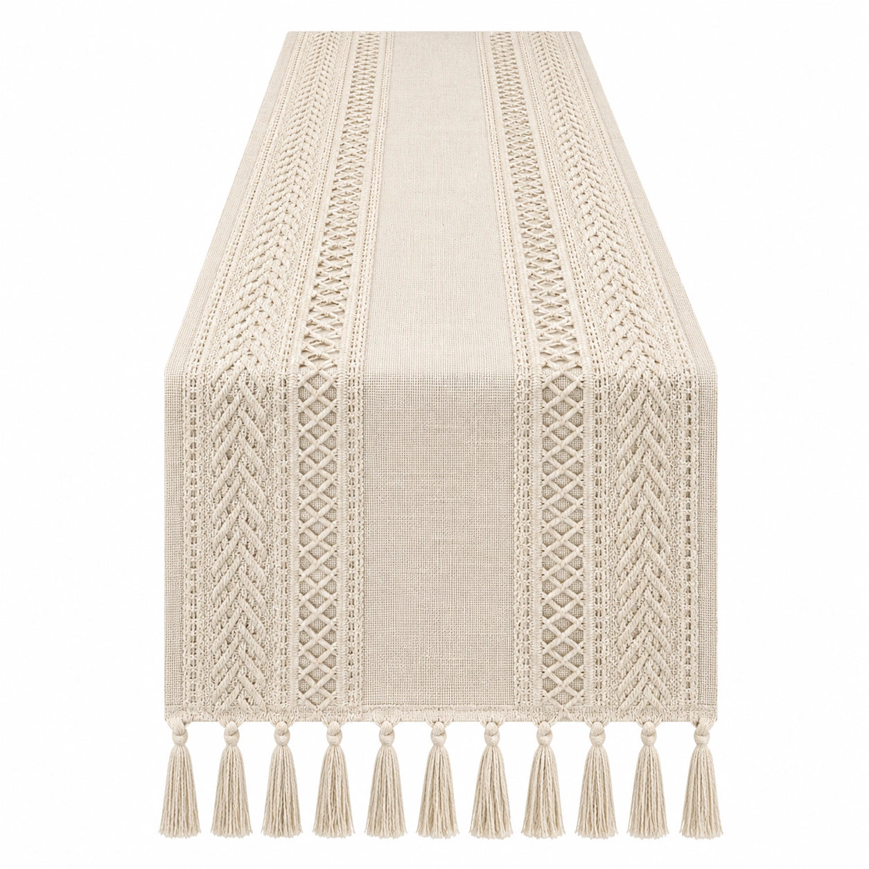 Chemin de Table Beige avec Motifs Géométriques et Pompons