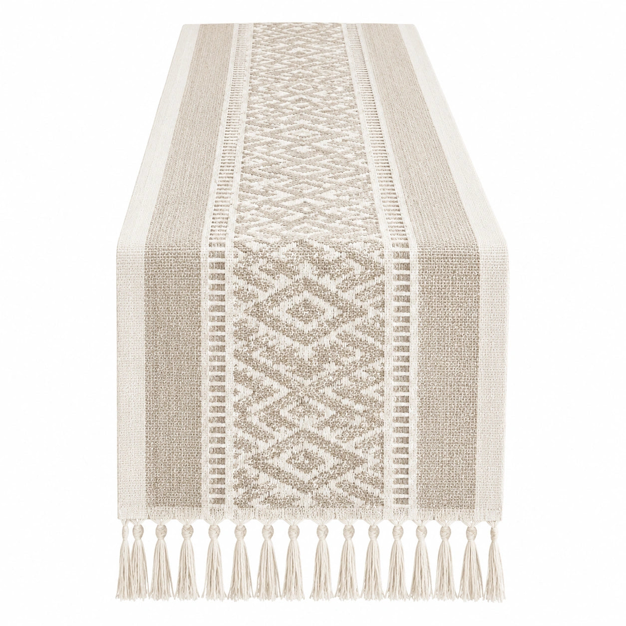 Chemin de table beige à motifs géométriques avec franges