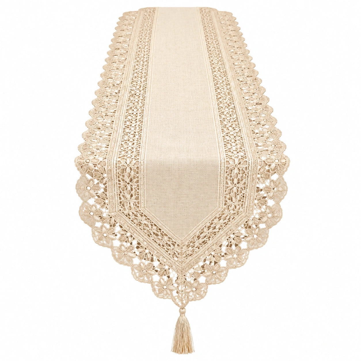 Chemin de Table en Dentelle Beige avec Pompon