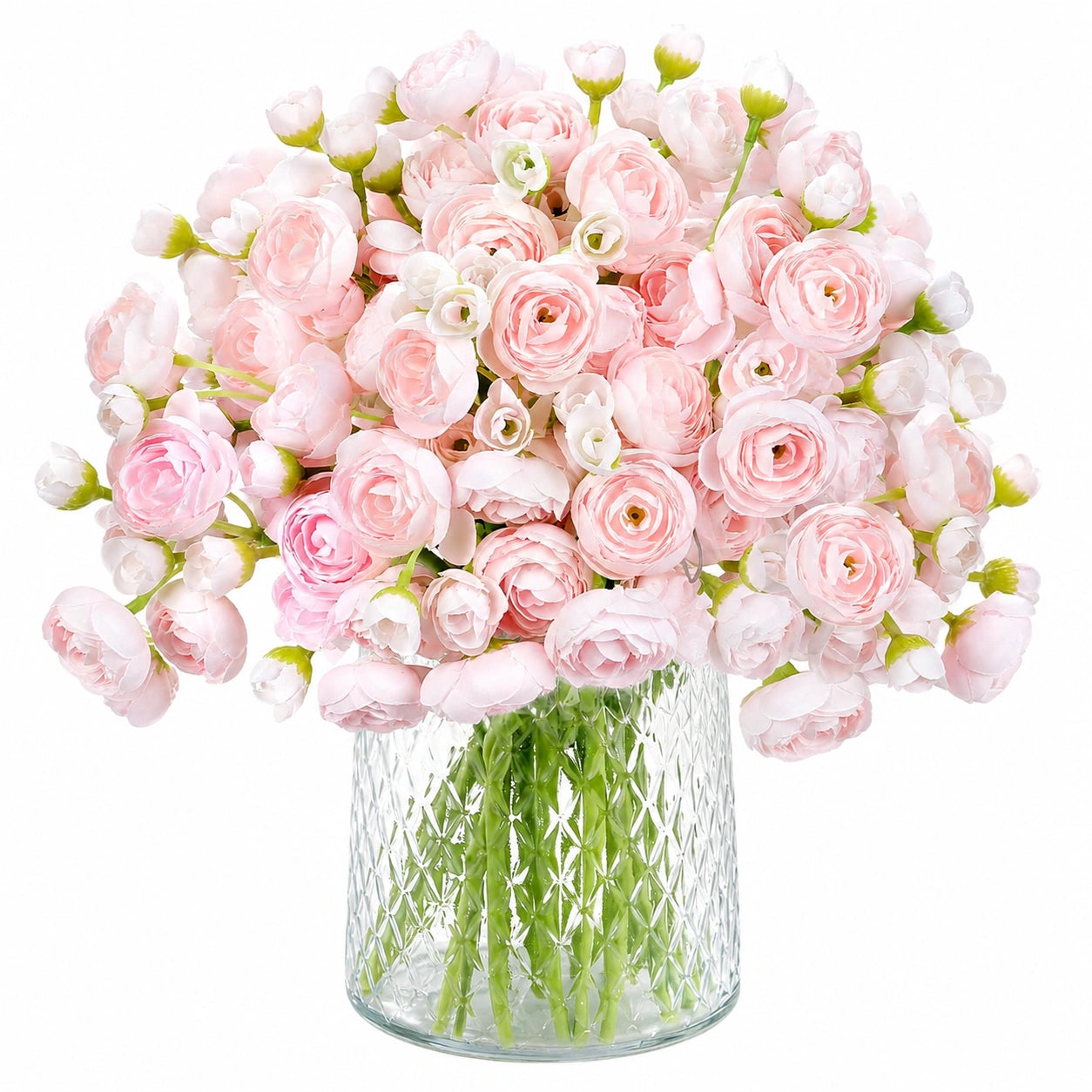 Bouquet de Renoncules Roses Artificielles avec Vase en Verre