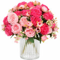 Bouquet de Fleurs Artificielles Roses avec Vase en Verre
